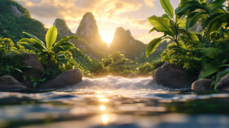 A serene river valley unfolds beneath misty mountains, bathed in golden sunlight Calm water reflects sunbeams, creating a tranquil scene Lush greenery carpets the valley floor, while majestic peaks rise in the distance This picturesque landscape captures the breathtaking beauty of nature in a moment of peaceful tranquility AI Generativeの素材
