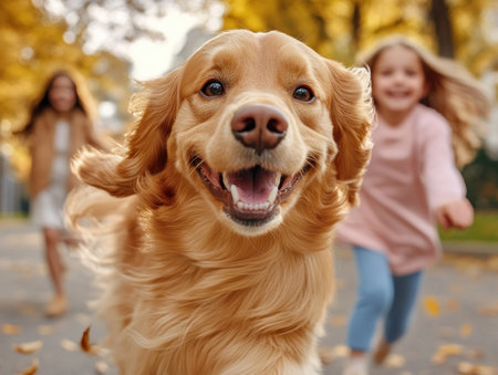 A golden retriever, bathed in the golden light of sunset, bounds through a field with its family Joy radiates from every wag of its tail as laughter and playful shouts fill the air The scene is a snapshot of unbridled happiness, capturing the special bond between a family and their AI Generativeの素材