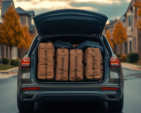 The car trunk bursts with anticipation, a colorful jumble of luggage and gear A close-up reveals the meticulous preparation for a family road trip, each item carefully chosen for the adventure ahead The scent of sunscreen and anticipation hangs in the air, a promise of unforgettable moments on the open AI Generativeの素材