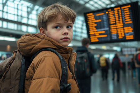 A young boy, his backpack slung over his shoulder, gazes with wide eyes at the bustling airport scene Travelers stream through customs, their faces a mix of fatigue and excitement Behind him, a departures board flashes flight details, fueling the anticipation of the journey ahead The air crackles with the AI Generativeの素材