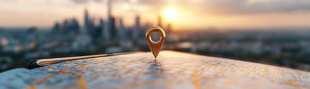 A golden pin pierces a map, its sharp point marking a destination amidst a sprawling cityscape bathed in sunset hues The close-up view evokes a sense of exploration and adventure, promising a journey to discover the heart of an urban landscape Whether guided by GPS or intuition, the pin symbolizes AI Generativeの素材