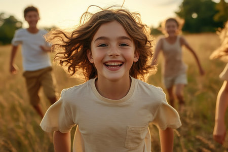 A family basks in the golden glow of the setting sun, their laughter echoing across the grassy field Children chase each other with carefree abandon, their smiles illuminated by the warm sunlight The scene captures the simple joy of family time, the memories etched in the heart of every golden AI Generativeの素材