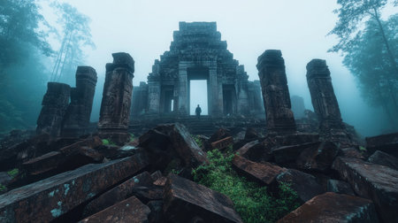 Amidst crumbling walls and towering pillars, a lone traveler ventures through the ancient ruins of a temple complex The weathered stone whispers tales of a forgotten civilization, its grandeur and mystery echoing in the silent halls Time stands still as the explorer delves into the heart of this forgotten sanctuary AI Generativeの素材