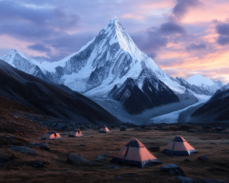 Exhausted but exhilarated, mountain climbers set up camp, their tents nestled against a breathtaking backdrop of snow-capped peaks A fiery sunset paints the sky, casting an ethereal glow on the adventurers, their faces reflecting the thrill of exploration and the tranquility of the wild AI Generativeの素材