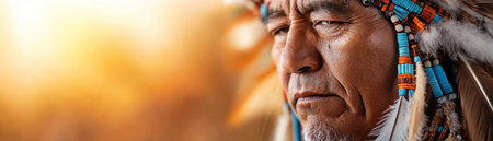 A Native American man, his face etched with wisdom and strength, gazes intently into the distance He is adorned in traditional regalia, a headdress of vibrant feathers and intricate beadwork framing his weathered features The setting sun casts a golden glow, highlighting the powerful beauty of his heritage AI Generativeの素材