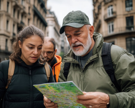 A diverse group of tourists huddle around a map in a bustling European city, their itinerary in hand They excitedly discuss their transportation options, eager to embark on the next leg of their guided tour The air crackles with anticipation for new adventures and discoveries AI Generativeの素材