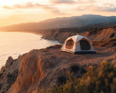 Embrace the challenge of setting up camp on a rocky cliffside, rewarded with breathtaking ocean views This wilderness adventure offers a thrilling experience, where the rugged terrain adds to the excitement of pitching your tent and immersing yourself in nature's beauty AI Generativeの素材