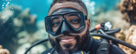 A close-up reveals the determined face of a scuba diver, eyes wide with wonder as they explore towering underwater cliffs Adrenaline surges as they navigate the depths, pushing the limits of extreme diving Prepare to be immersed in this thrilling underwater adventure AI Generativeの素材