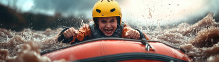 Experience the exhilaration of whitewater rafting! Brave challenging rapids on a fast-flowing river, witnessing the adrenaline rush on the faces of adventurers Capture unforgettable moments as you navigate through the rapids, embracing the thrill and beauty of nature This image encapsulates the joy and excitement of whitewater rafting AI Generativeの素材