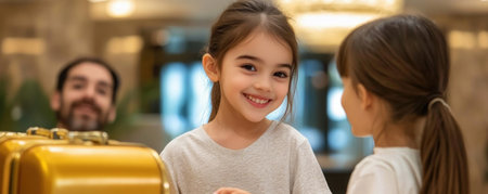 A cheerful family, radiating vacation excitement, stands at a hotel front desk Luggage rests beside them, hinting at adventures to come The scene embodies the joy of travel, emphasizing the welcoming and accommodating nature of the hotel staff The photo captures the essence of hospitality, offering a glimpse into a AI Generativeの素材