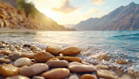 A breathtaking sunrise paints the sky in vibrant hues as it breaks over a tranquil bay Gentle waves lap against the pebbled shoreline, creating a serene and peaceful atmosphere The soft light bathes the scene in a golden glow, capturing the essence of nature's beauty This stunning photography evokes a AI Generativeの素材