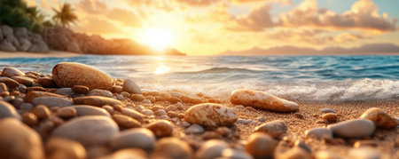 A tranquil sunset paints the sky in warm gold, casting long shadows across a serene coastal landscape Gentle waves lap at the shore, their rhythmic sound a soothing melody The air is still, carrying the scent of salt and the promise of peace This is a moment of pure, unadulterated AI Generativeの素材