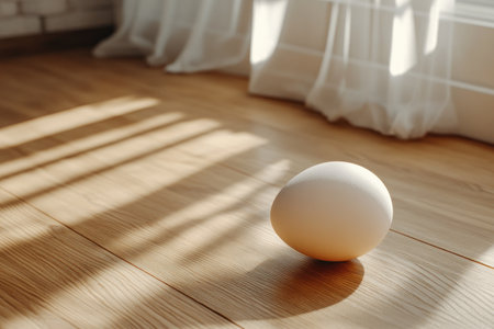 A solitary egg, bathed in golden sunlight, rests on a smooth wooden floor Centered in the frame, it exudes an aura of balance and tranquility The sun's rays illuminate the egg's natural beauty, emphasizing its smooth surface and soft hues A minimalist scene, showcasing the simplicity and elegance of form AI Generativeの素材