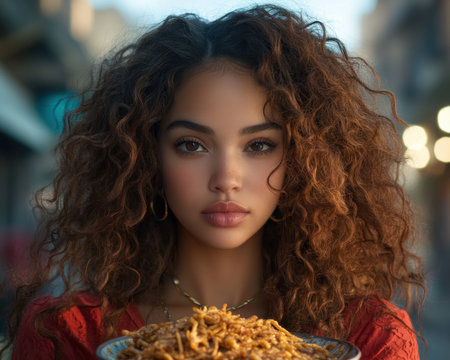 Her eyes sparkle with delight as she takes each bite, the exquisite flavors dancing on her tongue A symphony of textures and aromas fills her senses, a blissful expression radiating contentment You can almost taste the pure joy in every mouthful AI Generativeの素材