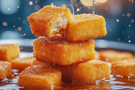 Indulge in the irresistible comfort of perfectly fried chicken nuggets Crispy, golden brown, and glistening with a delicious greasy shine, these nuggets are a classic treat that will satisfy your cravings Every bite is a burst of flavor and texture, leaving you wanting more AI Generativeの素材