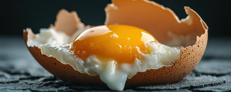 A solitary cracked egg rests on a stark, minimalist background The yolk, smooth and unblemished, contrasts with the rough, broken shell The interplay of textures evokes a sense of wholesome simplicity, highlighting the raw beauty of a natural food The composition invites contemplation of life's fragility and resilience, embodied in AI Generativeの素材