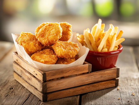 Indulge in the ultimate comfort food experience with crispy chicken nuggets piled high atop golden fries Homemade and bursting with flavor, these nuggets offer a satisfying crunch in a cozy setting Perfect for a quick meal or a hearty snack, enjoy the deliciousness! AI Generativeの素材