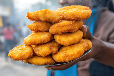 Indulge in the irresistible crunch of golden fried nuggets, a street food sensation! Freshly cooked, piping hot, and ready to satisfy your cravings A perfect quick snack for busy days, grab a plate of these crispy delights and enjoy the perfect bite-sized treat AI Generativeの素材