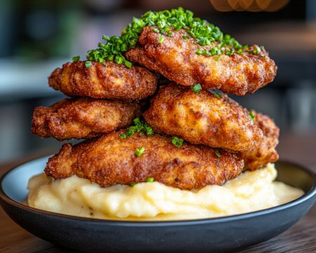 Indulge in a classic comfort food experience with crispy chicken nuggets, creamy mashed potatoes, and rich gravy This homestyle meal offers a perfect balance of textures and flavors, making it a delightful choice for any occasion The golden-brown nuggets, fluffy potatoes, and savory gravy will leave you feeling satisfied and AI Generativeの素材