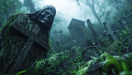 A thick mist hangs over an eerie graveyard, shrouding weathered tombstones and skeletal crosses The air crackles with an otherworldly chill, and a shadowy figure emerges from the fog, adding to the unsettling atmosphere of this haunted burial ground AI Generativeの素材