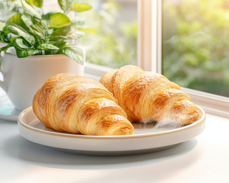 Indulge in the perfect pastry and caffeine pairing Flaky, golden croissants, bursting with flavor, are served alongside aromatic, steaming coffee in a minimalist setting Whether you crave a morning pick-me-up or an afternoon treat, this combination is sure to delight AI Generativeの素材