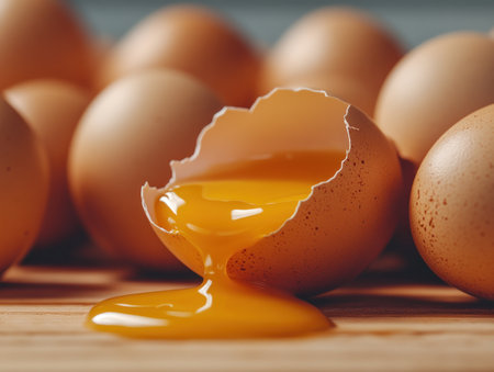 A cracked egg yolk, its vibrant orange cascading over a textured, pale shell, is captured in a minimalist close-up The raw egg's imperfections are emphasized, creating a stark contrast against the smooth, flowing yolk The image evokes both fragility and life, capturing the essence of culinary simplicity AI Generativeの素材