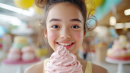 A woman finds pure joy in a decadent dessert Each bite of this sweet treat is a symphony of flavors, creating a moment of pure happiness The experience is so delightful, it's like a celebration on a plate AI Generativeの素材