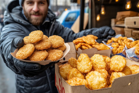 Craving a crispy, golden-brown treat? Look no further than this street vendor serving up delicious, freshly-made nuggets Perfect for a quick bite, these hot snacks are sure to satisfy your hunger Don't miss out on this tasty treat - grab yours today! AI Generativeの素材