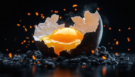 A cracked egg, minimalist design, and golden yolk against a black background This image captures the essence of culinary vitality, showcasing the beauty of fresh ingredients Steam rising evokes the promise of delicious dishes, while the focus on texture and form elevates food photography to an art form AI Generativeの素材