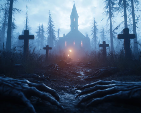A chilling fog blankets an eerie graveyard, where skeletal hands claw at the earth Undead rise from their graves, their hollow eyes reflecting the moonlight In the distance, a crumbling church stands silhouetted against the dark sky This is a Halloween horror scene, where the line between life and death AI Generativeの素材