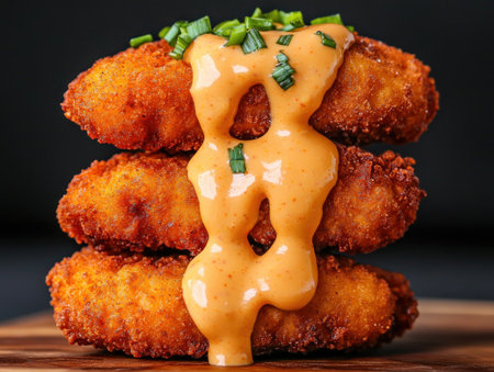 Indulge in the irresistible crunch of golden-brown chicken nuggets, drizzled with a savory sauce This easy recipe delivers homemade perfection with a satisfyingly crispy texture Prepare for an appetizer that's both appetizing and delicious AI Generativeの素材