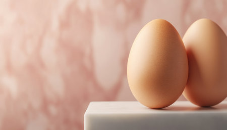 Two pristine white eggs rest gently on a stark white surface, bathed in soft pink light The minimalist composition highlights the natural beauty of the eggs, creating a simple yet elegant still life This food photograph evokes a sense of freshness and purity, capturing the essence of kitchen essentials AI Generativeの素材