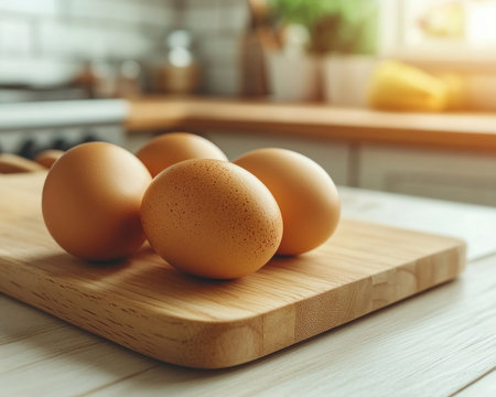 A minimalist kitchen setting, a wooden cutting board, and a cluster of pristine white eggs The simplicity of the scene speaks volumes - culinary purity, the essence of wholesome ingredients, and the promise of delicious possibilities Each egg represents the foundation of culinary creation, a blank canvas for culinary artistry AI Generativeの素材