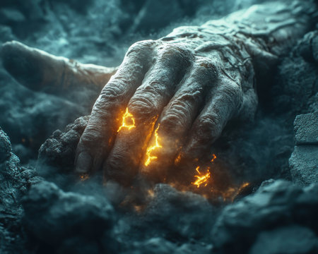 A spectral hand, glowing with eerie luminescence, rises from a forgotten crypt Dark energy crackles around it, a macabre spectacle This haunting image evokes a chilling blend of gothic horror and mystical fantasy, perfect for Halloween or any occasion seeking a spooky, otherworldly ambiance AI Generativeの素材