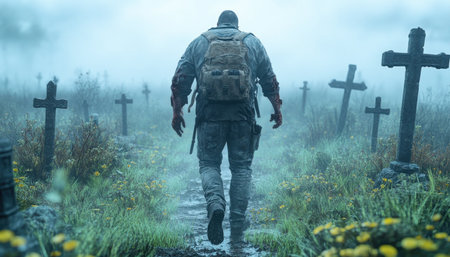A chilling mist envelops a decaying zombie in an ancient graveyard, its skeletal form barely visible amidst the gothic headstones Crosses and tombstones cast long shadows, creating a haunting scene of death and decay The air is thick with an eerie silence, broken only by the rustling of the mist AI Generativeの素材
