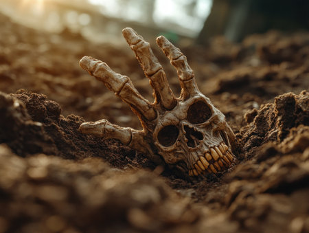 A chilling scene unfolds, a macabre skeleton hand bursts from a decaying grave The air hums with an eerie presence, a haunting reminder of death and the supernatural The ghastly hand, a symbol of the undead, evokes dread and fear, beckoning viewers into a realm of gothic horror and chilling AI Generativeの素材