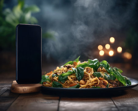 A smartphone captures the essence of a culinary masterpiece: a gourmet meal bursting with fresh ingredients Vibrant colors and artful plating create a visually stunning composition, highlighting the healthy and delicious nature of the dish Every detail, from the delicate garnishes to the perfectly arranged components, is meticulously captured, inviting AI Generativeの素材