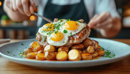 A symphony of flavors dances on the palate as crispy fried eggs, golden potatoes, and savory meat meld together in a culinary masterpiece Each bite is an indulgence, a moment of pure comfort and satisfaction, a reminder that life's simple pleasures are often the most rewarding AI Generativeの素材
