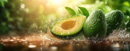 A vibrant image of a fresh avocado, soaring through the air, captures the essence of organic health and vitality Its raw texture and juicy interior symbolize nature's bounty, inviting you to embrace a natural and nourishing way of living This image evokes energy and life, showcasing the benefits of a AI Generativeの素材