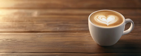 A steaming cup of coffee rests on a rustic wooden table, adorned with delicate heart latte art The aroma fills the air, promising a perfect morning The warm hues and inviting steam create a tranquil scene, ideal for a peaceful start to the day AI Generativeの素材