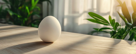 A single white egg rests on a rustic wooden surface, its smooth shell illuminated against a minimalist backdrop The image captures the essence of natural simplicity, showcasing the stark contrast between the delicate egg and the textured wood, creating a visually striking and timeless composition AI Generativeの素材