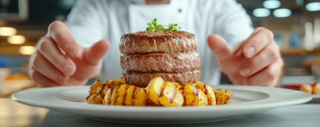In a trendy restaurant, a chef's skilled hands transform simple ingredients into a culinary masterpiece Perfectly stacked meat patties and grilled potato slices create a visually stunning dish, capturing the essence of fine dining The image embodies the art of food photography and the deliciousness of expertly prepared meat dishes AI Generativeの素材