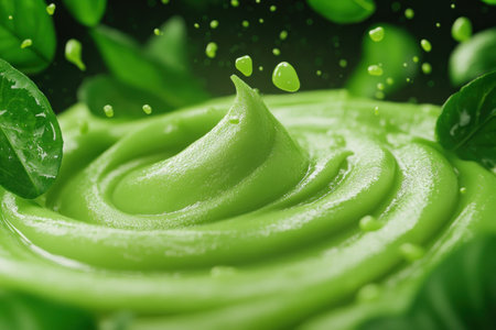 A dynamic image showcasing a vibrant green avocado swirl in mid-air, highlighting its raw texture and organic vitality This stunning visual captures the essence of nature's goodness, perfect for food bloggers, health wellness websites, and culinary content creators seeking impactful imagery AI Generativeの素材