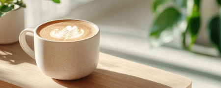 The gentle aroma of freshly brewed coffee fills the air, swirling around a minimalist latte art design in a warm ceramic cup The scene is peaceful, a moment of quiet contemplation as you savor the rich flavor and the delicate artistry AI Generativeの素材