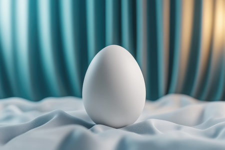 A single white egg, gleaming against a clean surface, embodies minimalist design and natural simplicity Its pure white shell and smooth texture exude a sense of freshness and nutritional value This high-quality image is ideal for food blogs, recipe websites, or stock photography, capturing the essence of breakfast, cooking, baking, AI Generativeの素材