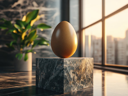 A single organic egg rests on a marble platform, bathed in natural light Its simple beauty is captured in minimalist photography, showcasing the natural texture of the eggshell and the promise of delicious possibilities This image embodies the essence of sustainable living, healthy eating, and minimalist design, offering inspiration for AI Generativeの素材