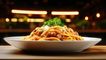 Escape into a world of pure comfort with a plate of hearty Spaghetti Bolognese Each forkful of rich, savory sauce and tender pasta is a symphony of flavor, inviting you to unwind and savor every bite A perfect meal for relaxation and pure culinary bliss AI Generativeの素材