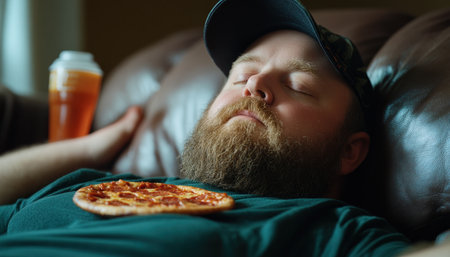 A contented man, sprawled on the couch, revels in the simple joys of life A plate of cheesy pizza and a frosty beer tempt him, and with each satisfying bite, he sinks deeper into a state of pure bliss His relaxed posture and contented smile speak volumes about the ultimate AI Generativeの素材