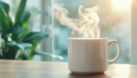 A steaming white ceramic mug cradles a homemade latte, adorned with delicate art The rising steam evokes a cozy morning, highlighting the simple pleasure of a perfectly crafted beverage The warmth and aroma of the latte promise a moment of peace and satisfaction AI Generativeの素材