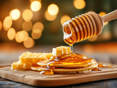 Indulge in a heavenly breakfast treat with warm, fluffy pancakes Golden homemade butter melts over the fluffy stacks, creating a rich and decadent base A drizzle of honey adds a touch of sweetness, making every bite a delightful experience AI Generativeの素材